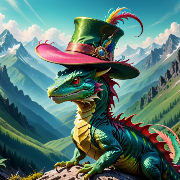 Image of a basilisk in a hat in the mountains