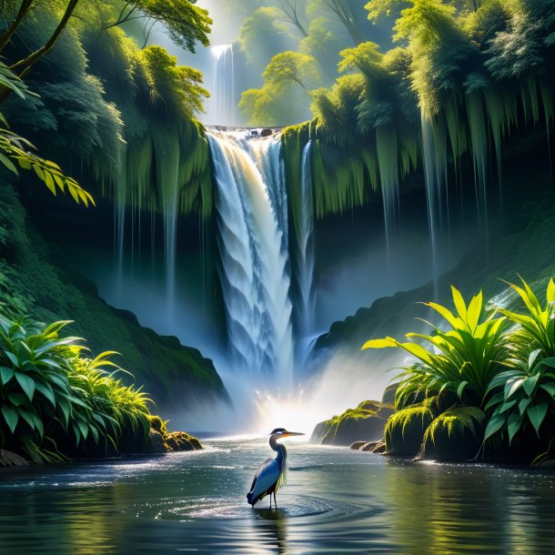 Pic of a swimming of a heron in the waterfall