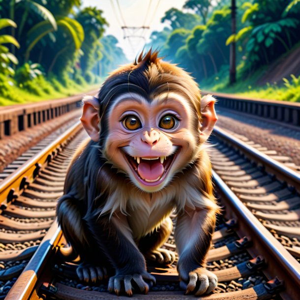 Photo of a smiling of a monkey on the railway tracks