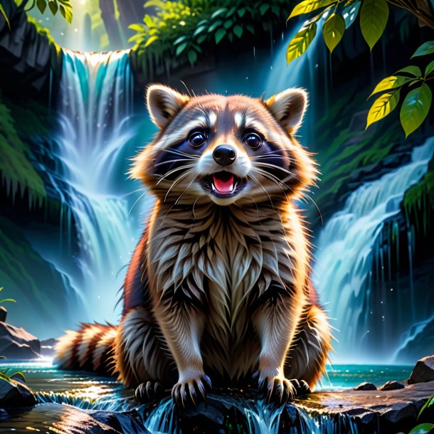 Pic of a crying of a raccoon in the waterfall