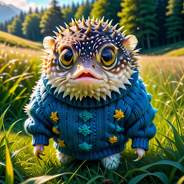 Photo of a pufferfish in a sweater in the meadow