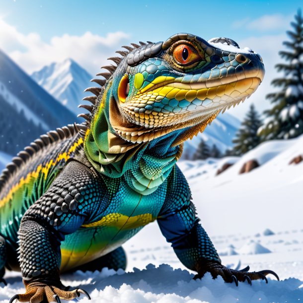 Foto de una amenaza de un lagarto monitor en la nieve