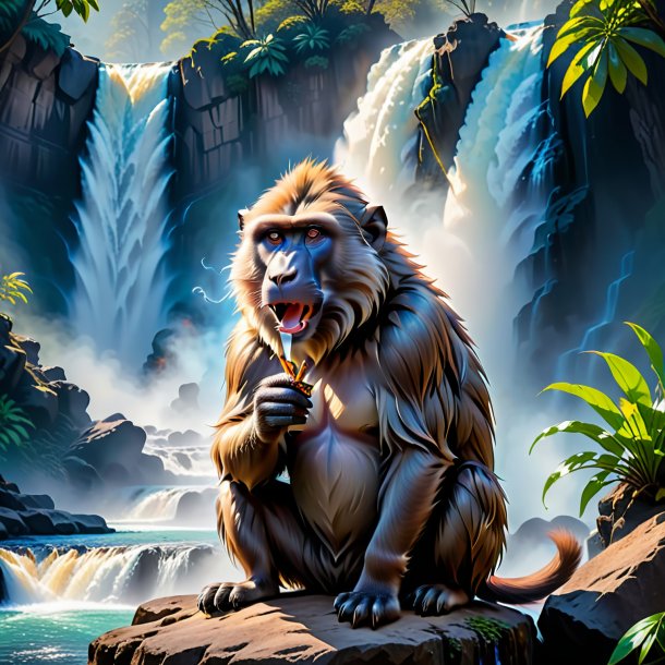 Picture of a smoking of a baboon in the waterfall