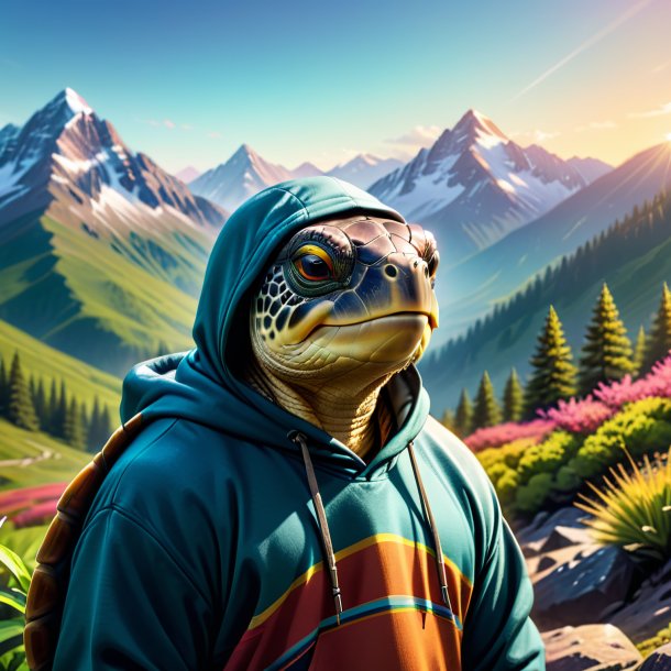 Picture of a turtle in a hoodie in the mountains