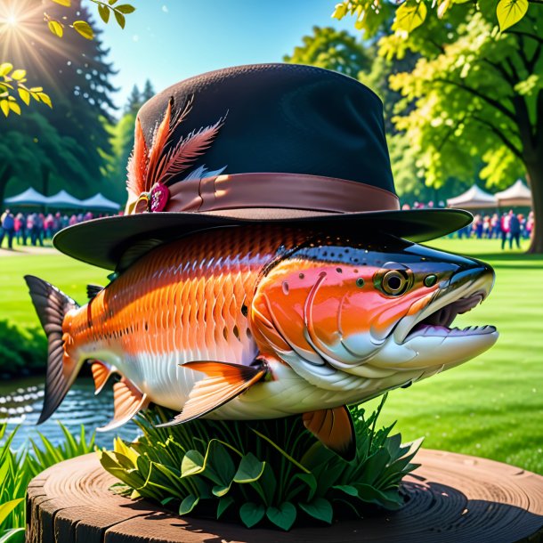 Pic of a salmon in a hat in the park