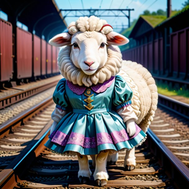 Drawing of a sheep in a dress on the railway tracks