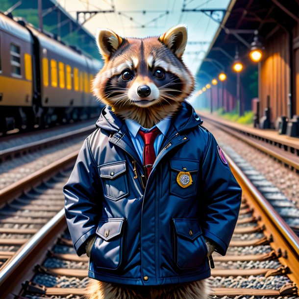 Foto del mapache en la chaqueta sobre las vías del tren