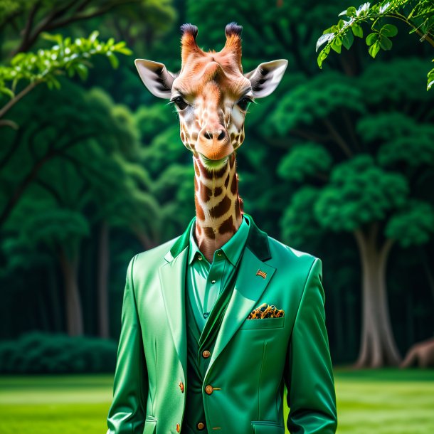 Foto de uma girafa em uma jaqueta verde