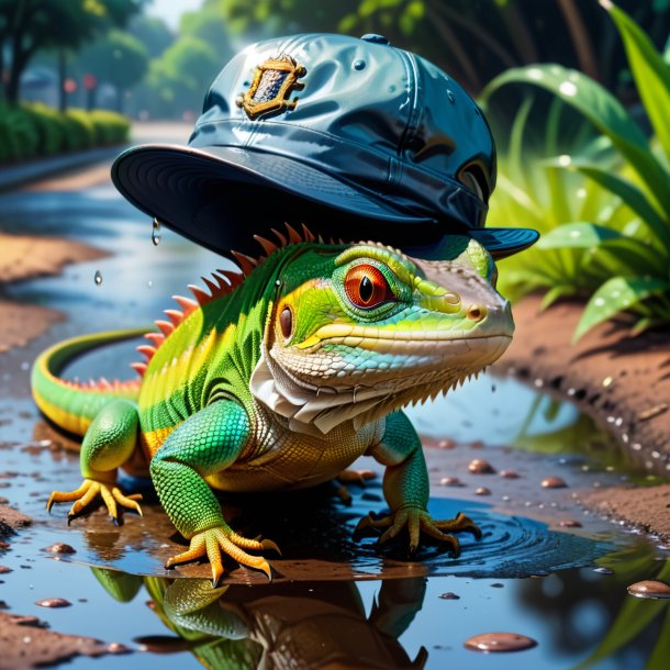 Drawing of a lizard in a cap in the puddle