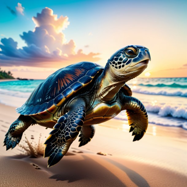 Photo of a jumping of a turtle on the beach