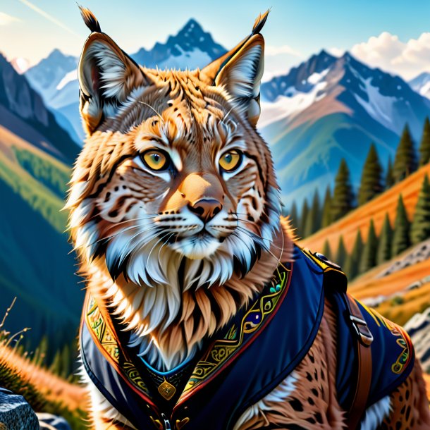 Desenho de um lince em um colete nas montanhas