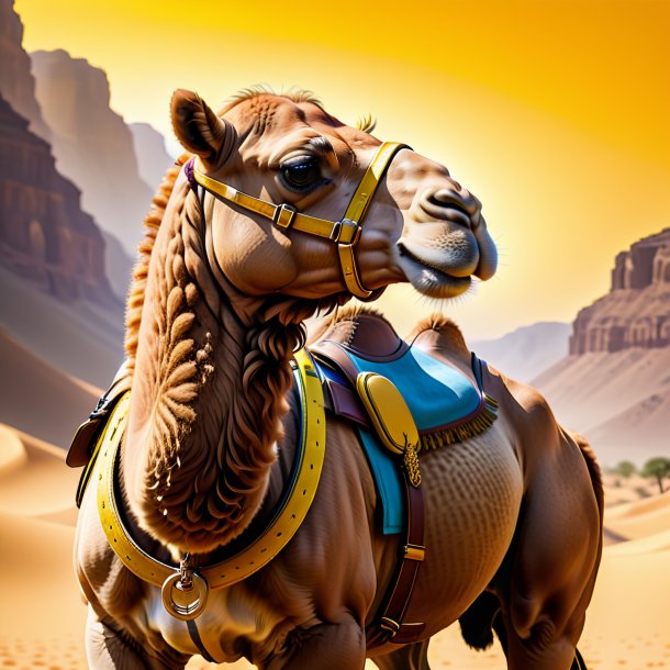 Pic of a camel in a yellow belt