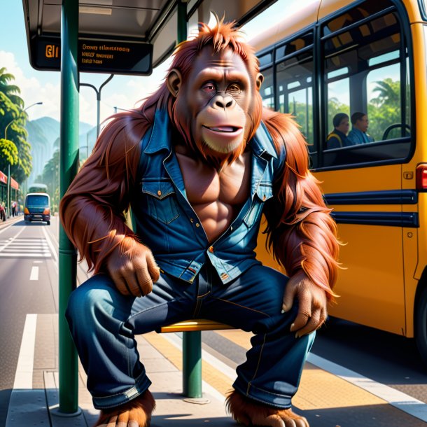 Illustration of a orangutan in a jeans on the bus stop