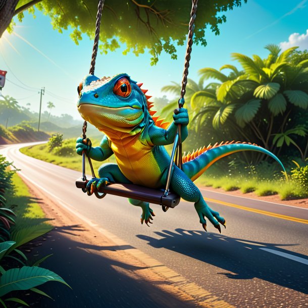 Image of a swinging on a swing of a lizard on the road