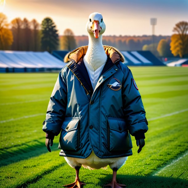 Foto de um ganso em uma jaqueta no campo