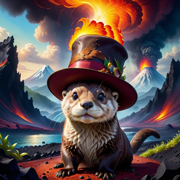 Illustration of a otter in a hat in the volcano