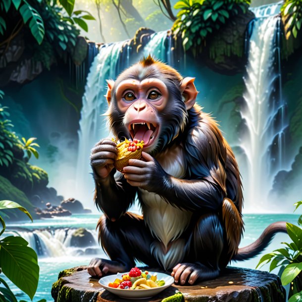 Image of a eating of a monkey in the waterfall