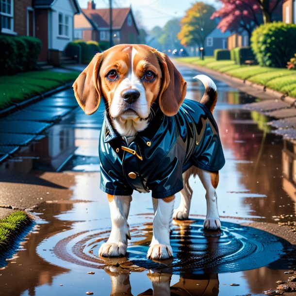 Ilustración de un beagle en un abrigo en el charco