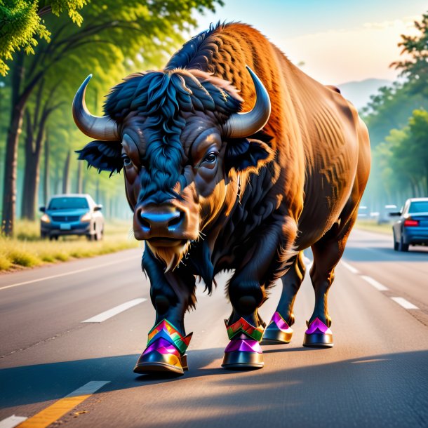 Picture of a buffalo in a shoes on the road