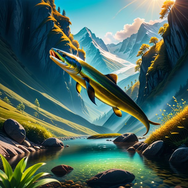 Image of a jumping of a eel in the mountains