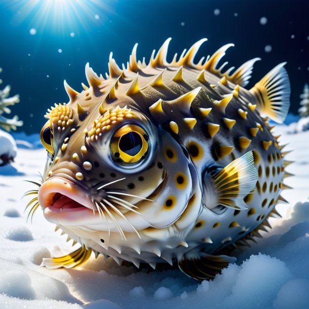 Image of a resting of a pufferfish in the snow