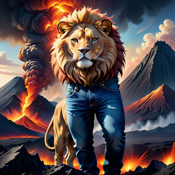 Drawing of a lion in a jeans in the volcano