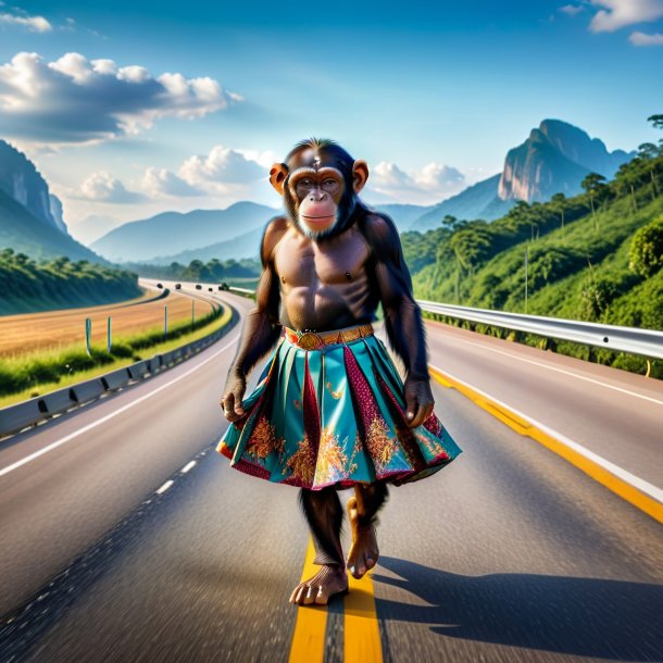 Photo of a chimpanzee in a skirt on the highway