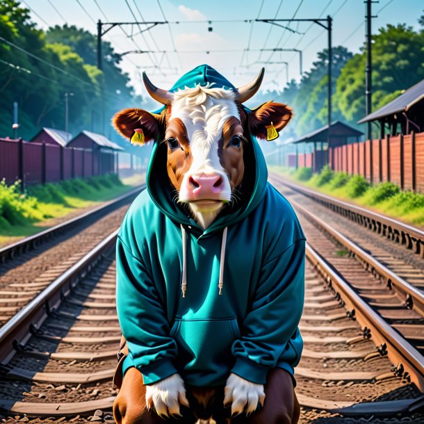 Picture of a cow in a hoodie on the railway tracks