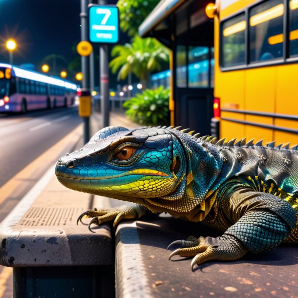 Photo d'un sommeil d'un lézard de moniteur sur l'arrêt de bus