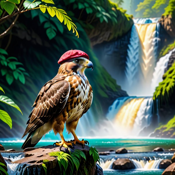 Picture of a hawk in a cap in the waterfall