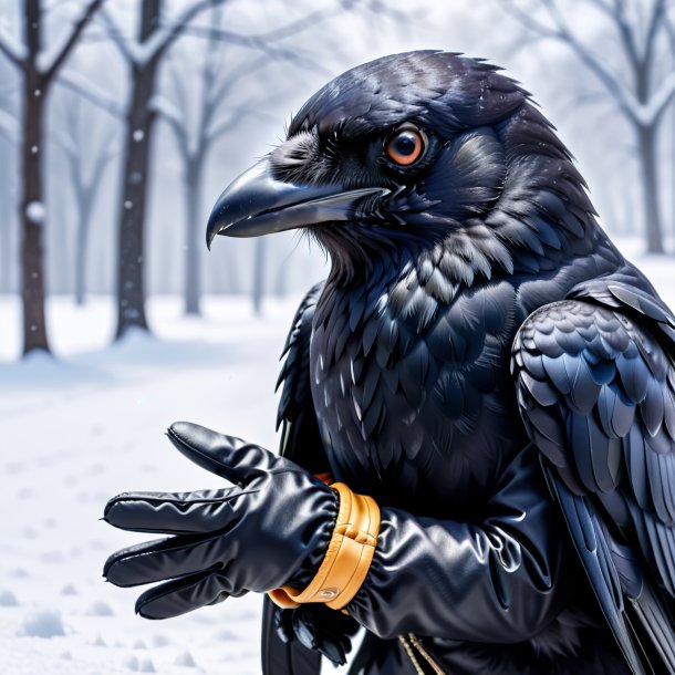 Foto de un cuervo en guantes en la nieve