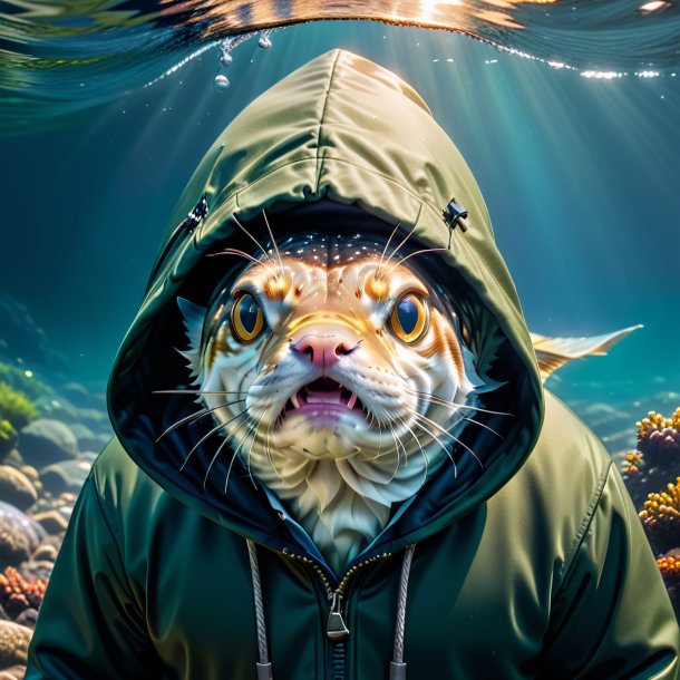 Photo of a haddock in a hoodie in the water