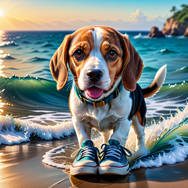 Foto de un beagle en un zapato en el mar