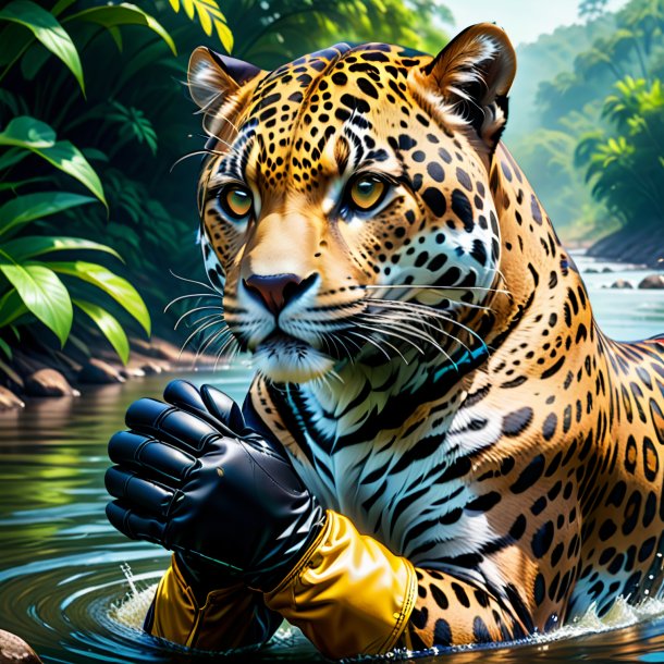 Illustration of a jaguar in a gloves in the river