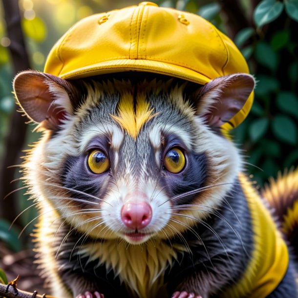 Pic de una zarigüeya en una gorra amarilla