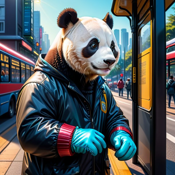 Drawing of a giant panda in a gloves on the bus stop