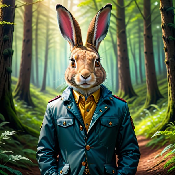 Drawing of a hare in a jacket in the forest