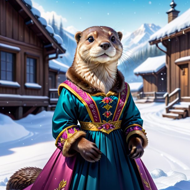 Dessin d'une loutre dans une robe dans la neige