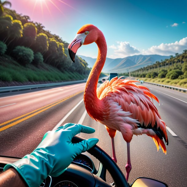 Foto de un flamenco en guantes en la carretera