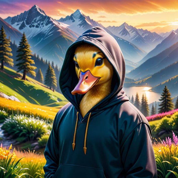 Picture of a duck in a hoodie in the mountains