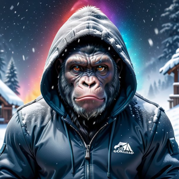 Image of a gorilla in a hoodie in the snow