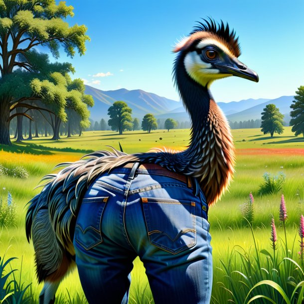 Drawing of a emu in a jeans in the meadow