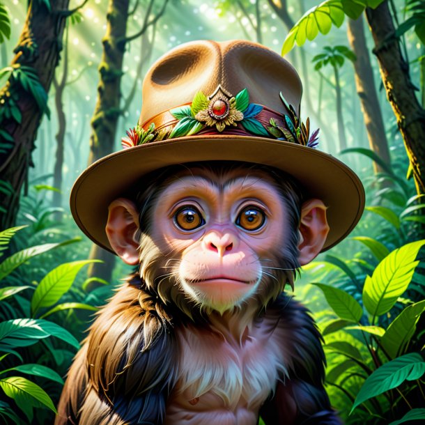 Illustration of a monkey in a hat in the forest