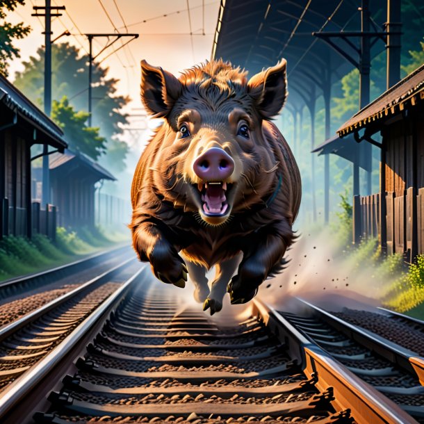 Photo of a jumping of a boar on the railway tracks