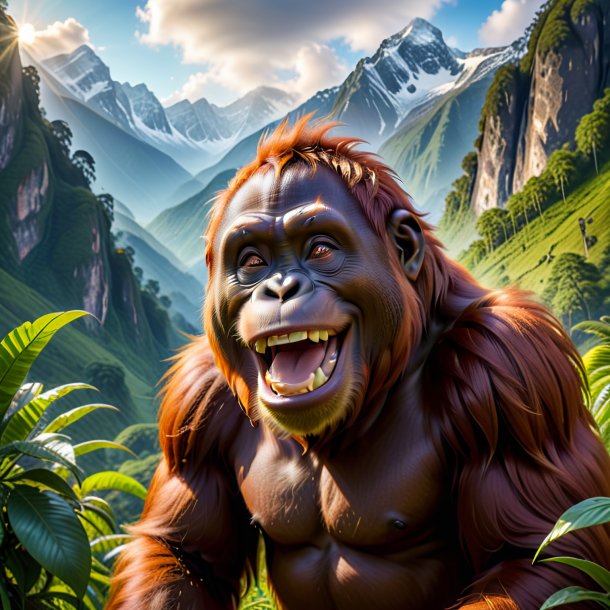 Photo of a smiling of a orangutan in the mountains