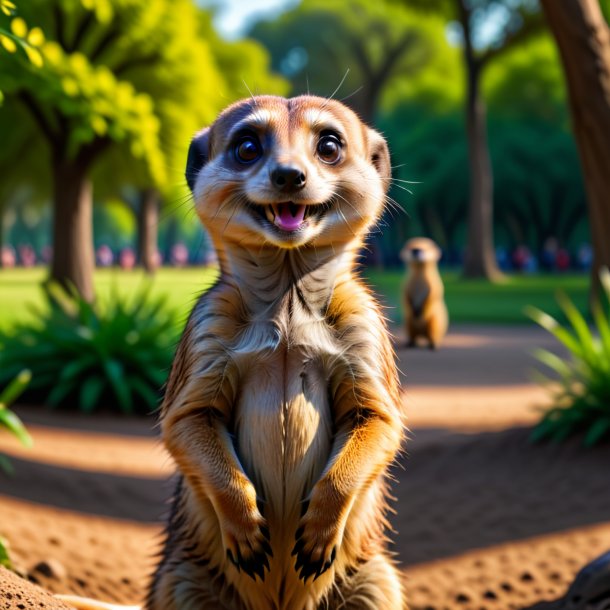 Photo of a smiling of a meerkat in the park