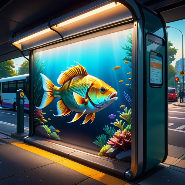 Ilustração de um peixe em um cinto no ponto de ônibus