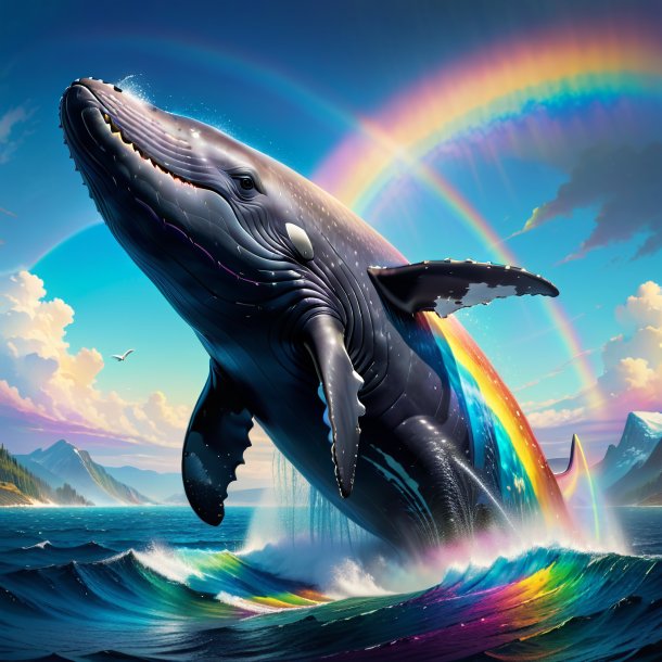 Ilustración de una ballena en un abrigo en el arco iris