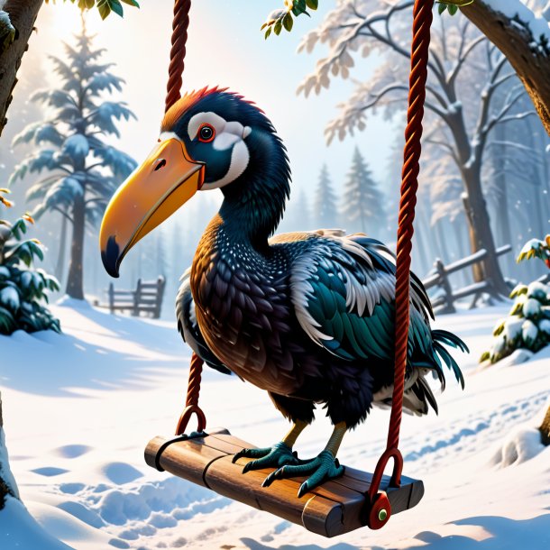 Picture of a swinging on a swing of a dodo in the snow