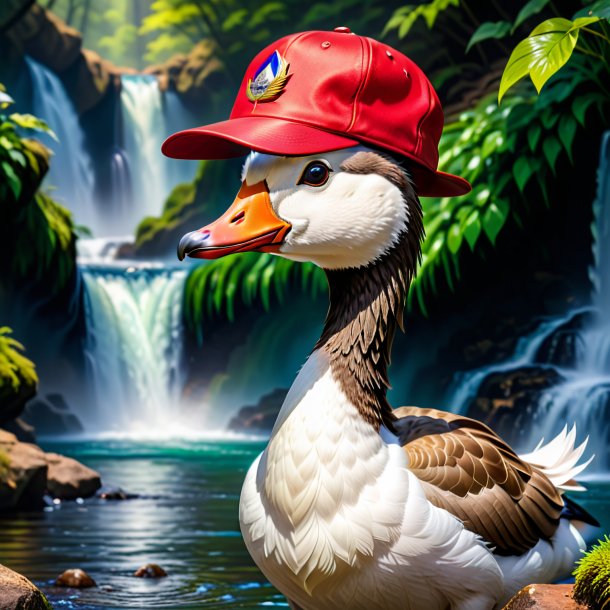 Picture of a goose in a cap in the waterfall